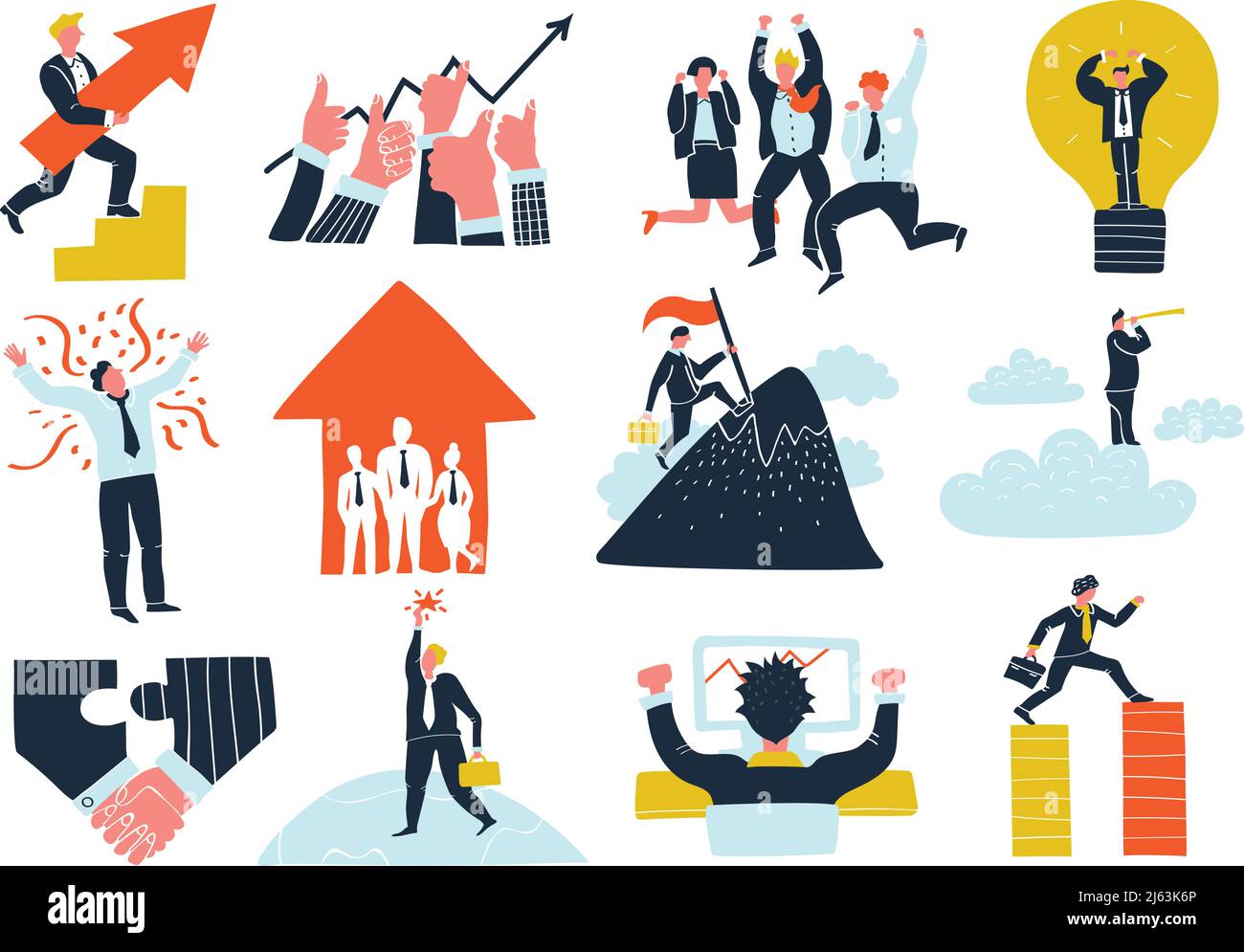Business Success flat Icons collection with teamwork cooperation idea growth simboli di celebrazione vincitori di profitto illustrazione vettoriale isolata Illustrazione Vettoriale