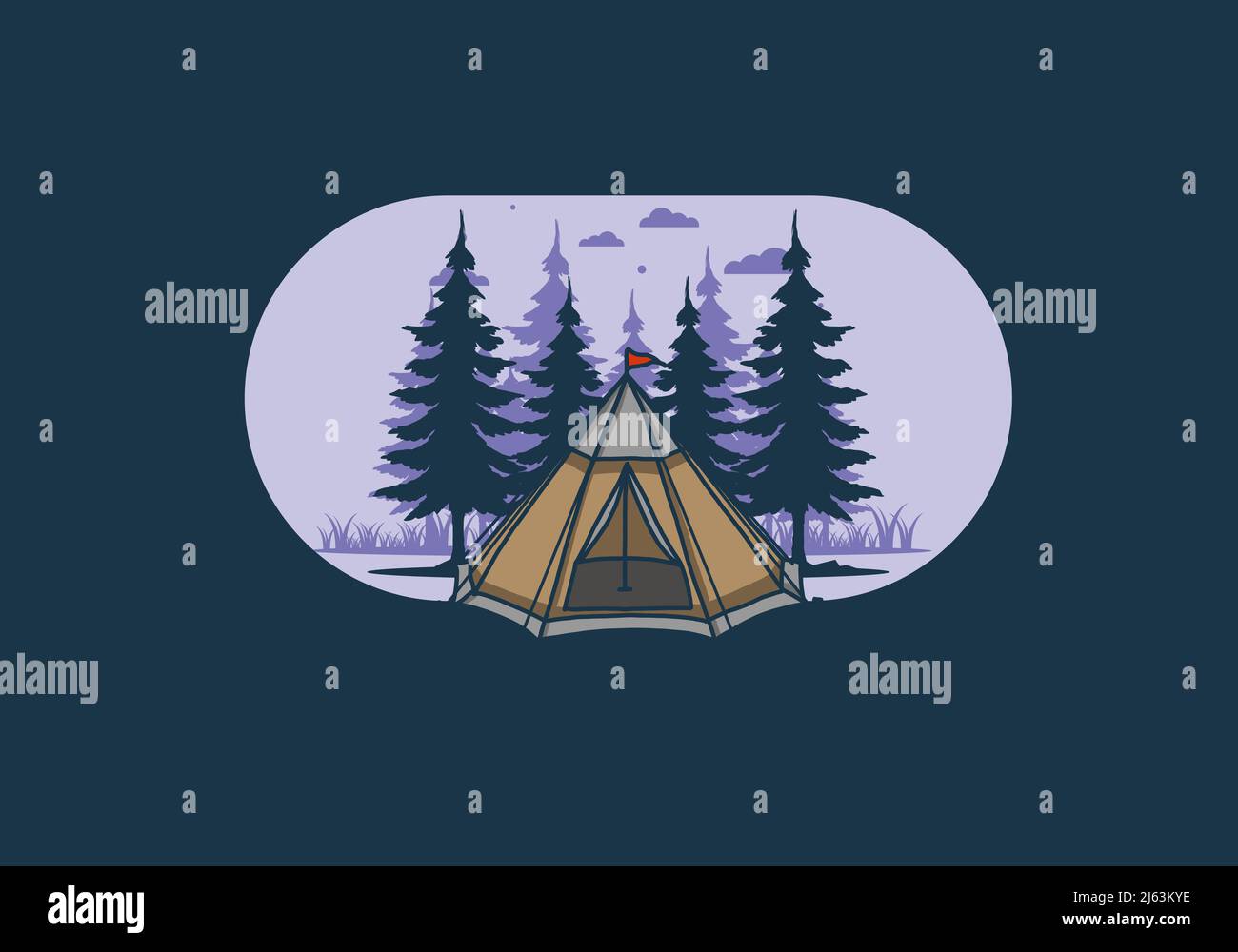 Tenda a cono e disegno di illustrazione di alberi di pino Illustrazione Vettoriale