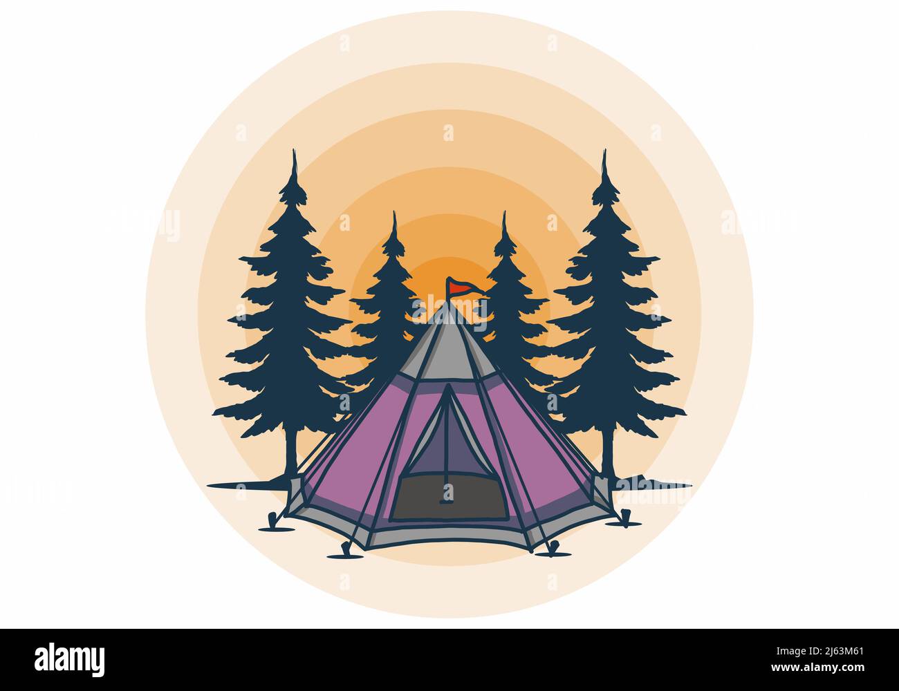 Tenda a cono e disegno di illustrazione di alberi di pino Illustrazione Vettoriale