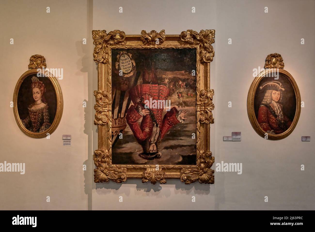 Ritratto iconico di Felipe V, capovolto, in vendetta per aver ordinato il fuoco di Xàtiva nel 1707, Valencia, Comunità Valenciana, Spagna, UE Foto Stock