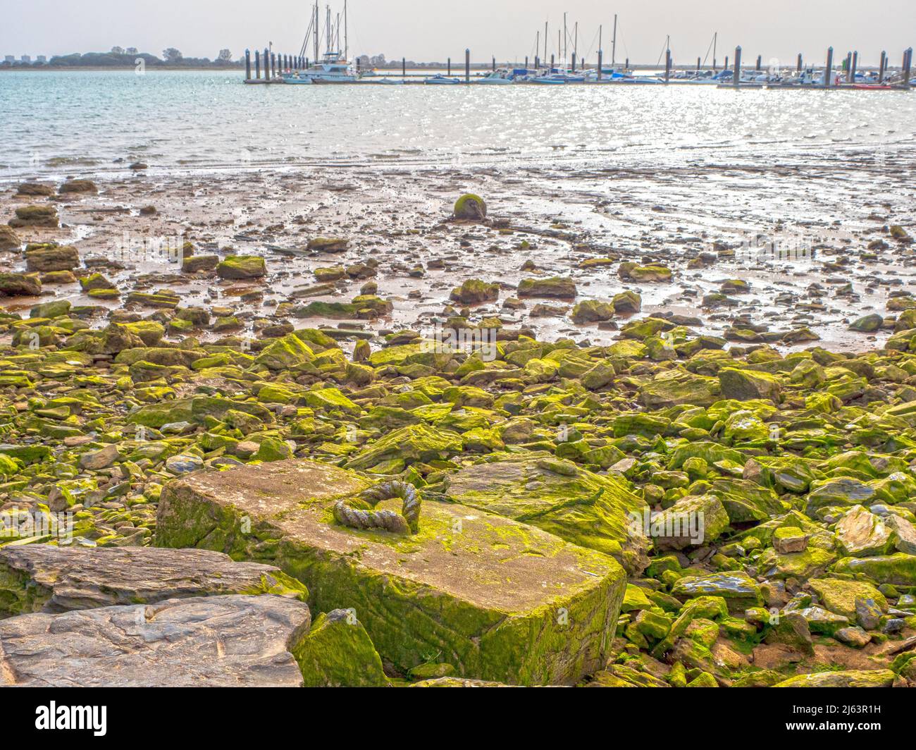 Corda marina in un blocco di cemento nel bacino dell'estuario di Huelva. Foto Stock