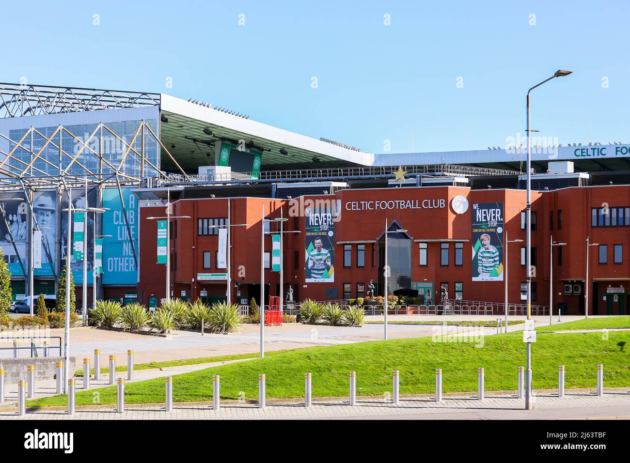Ingresso anteriore allo stadio di calcio Parkhead, sede del Celtic FC, Glasgow, Regno Unito Foto Stock