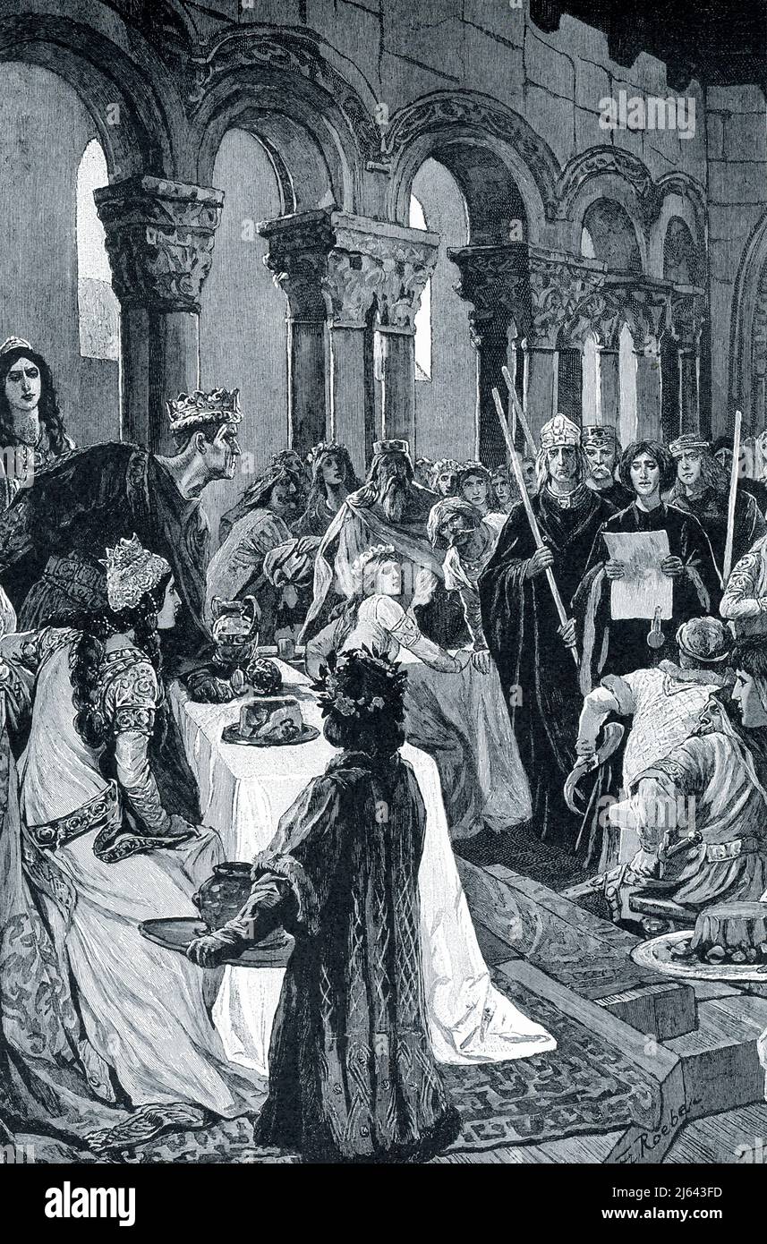 La didascalia del 1906 recita: “L’AMBASCIATA DI LUDWIG INTERROMPE LE NOZZE DI CARLO IL CALVO.—Carlo il calvo fu il primo re che governò la Francia come un regno separato dalla Germania. Lui e i suoi due fratelli, Ludwig e Lothair, avevano diviso tra loro l'impero franco. Ma Ludwig era insoddisfatto, e mentre Carlo era nel bel mezzo delle sue nozze con Ermentrude, figlia di uno dei suoi nobili principali, le festività furono infrante da un'improvvisa richiesta da parte di Ludwig di un'ulteriore parte della terra del fratello". L'anno è stato 842 d.C. Foto Stock