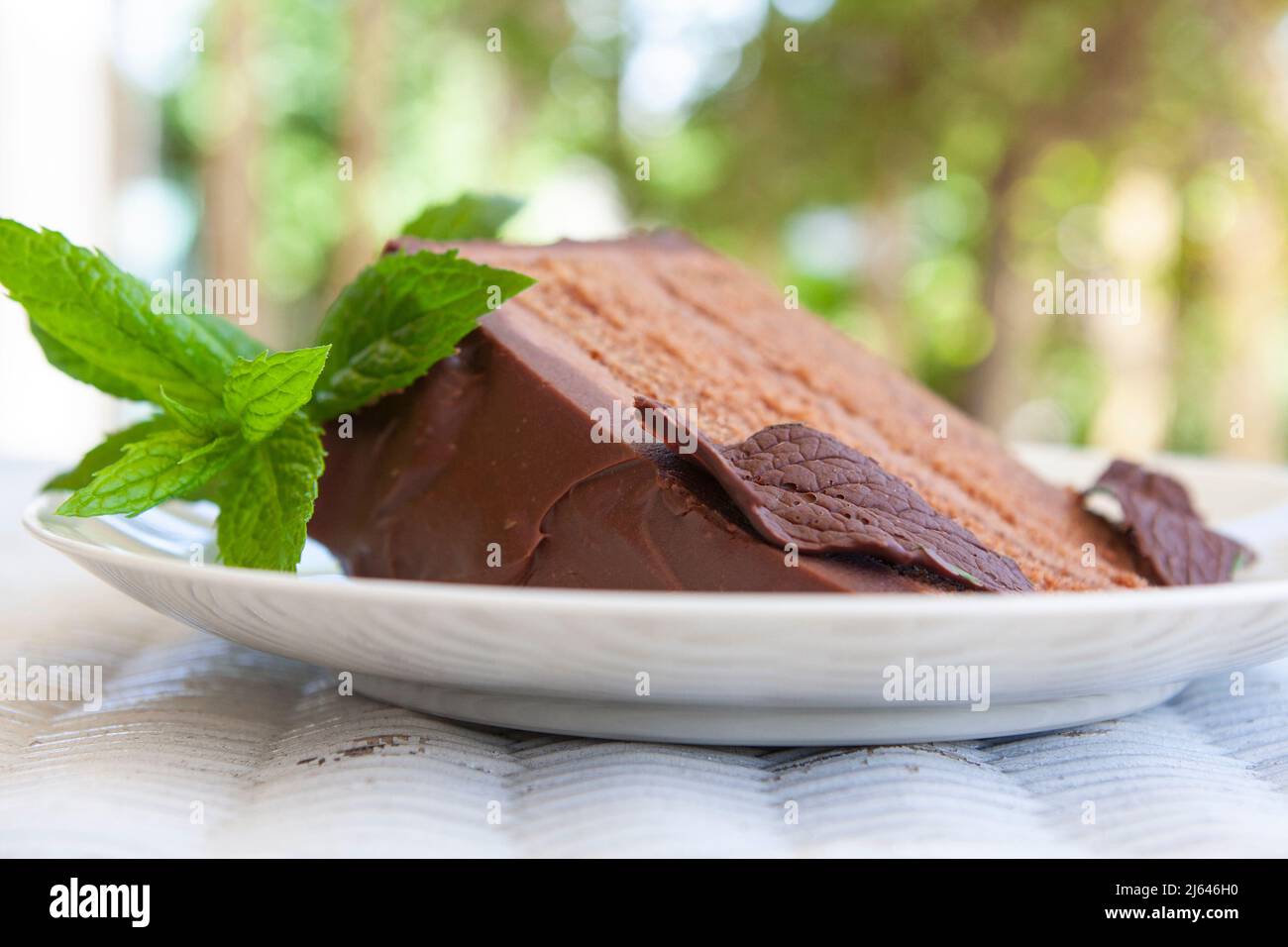 Fetta di torta al cioccolato alla menta ricca e decadente su un piatto bianco con foglie di menta ricoperte di cioccolato e un rametto di menta fresca, posta all'esterno su un tavolo bianco. Foto Stock