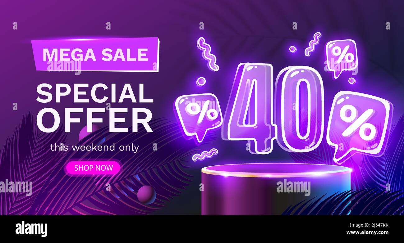 Offerta speciale Mega sale, banner sconto Neon 40. Promozione cartello. Illustrazione vettoriale Illustrazione Vettoriale