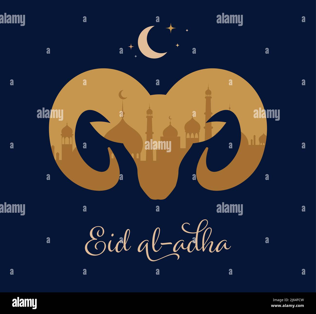 EID al Adha festival. Biglietto d'auguri con pecora sacrificale e mezzaluna su sfondo notturno nuvoloso. Tema EID Mubarak. Illustrazione vettoriale. Illustrazione Vettoriale