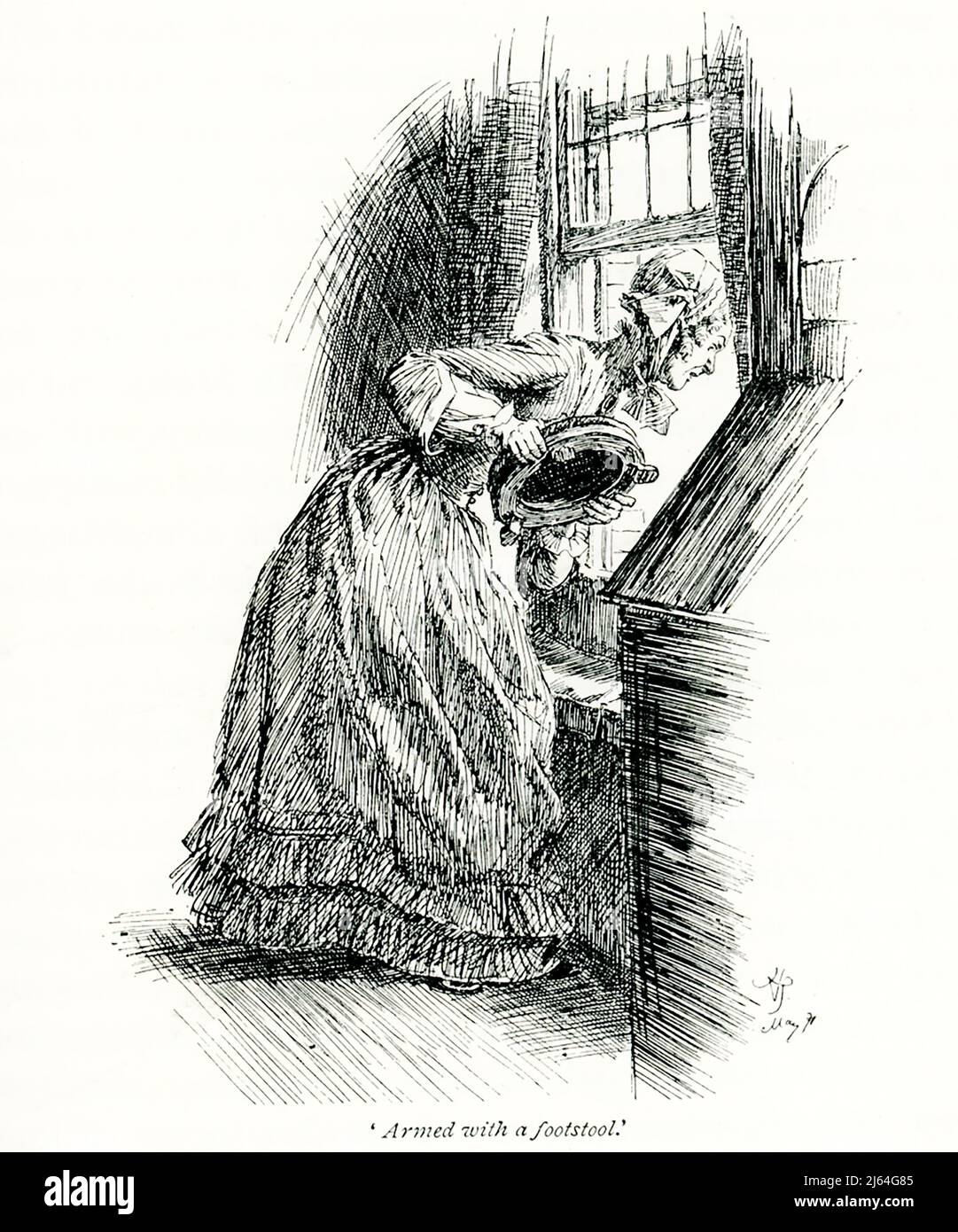 La didascalia del 1891 recita: “Armed se stessa con uno sgabello” – parlato da Miss Matty. E’ tratto dal romanzo di Cranford della onorevole Gaskell e illustrato da Hugh Thomson. Elizabeth C Gaskell (morto nel 1865), spesso chiamata la sig.ra Gaskell, era un romanziere inglese, un biografo e un breve scrittore. I suoi romanzi offrono un ritratto dettagliato delle vite di molti strati della società vittoriana, compresi i molto poveri. Il suo primo romanzo, Mary Barton, fu pubblicato nel 1848. La vita di Charlotte di Gaskell Brontë, pubblicata nel 1857, fu la prima biografia di Brontë. Tra i romanzi più conosciuti di Gaskell c'è Cranford (1851–5 Foto Stock