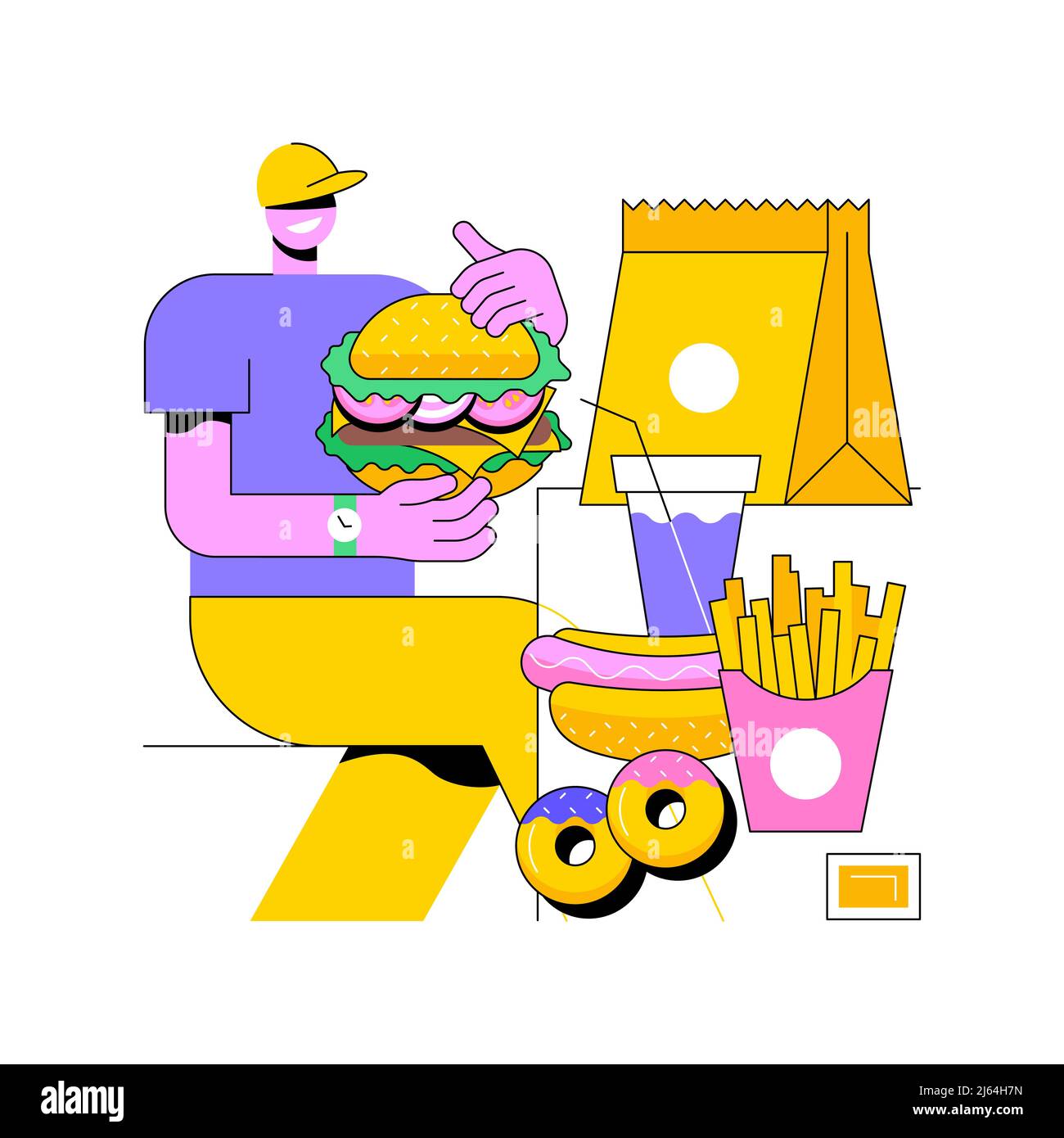 Fast food astratto concetto di illustrazione vettoriale. Cucina americana, catena di ristoranti, menu snack, takeout mangiare, Street food festival, ricetta di cottura rapida, consegna rapida pasto metafora astratta. Illustrazione Vettoriale