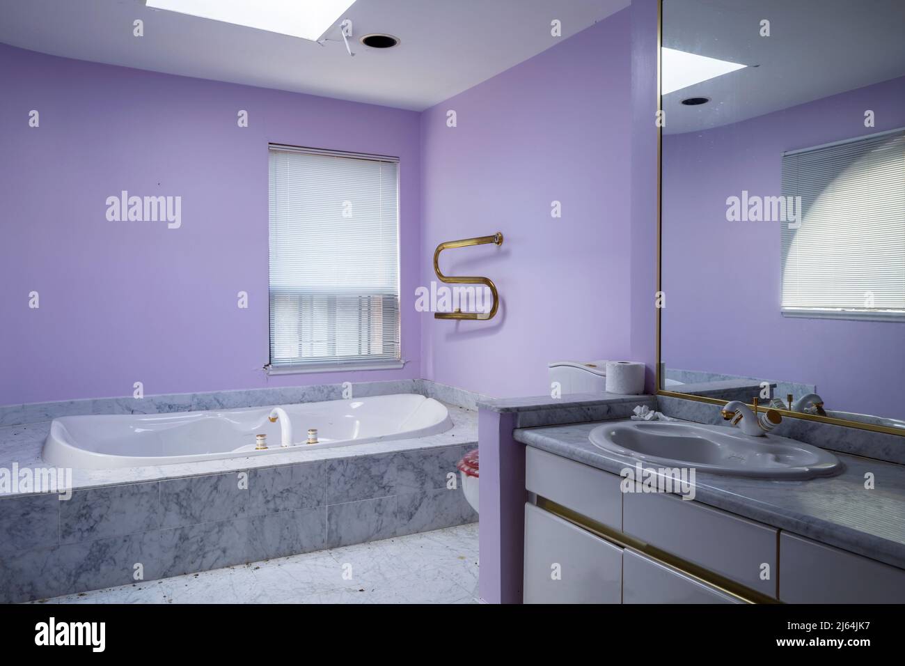 Un bagno viola retrò all'interno di una casa abbandonata. Foto Stock Un bagno viola retrò all'interno di una casa abbandonata. Foto Stock