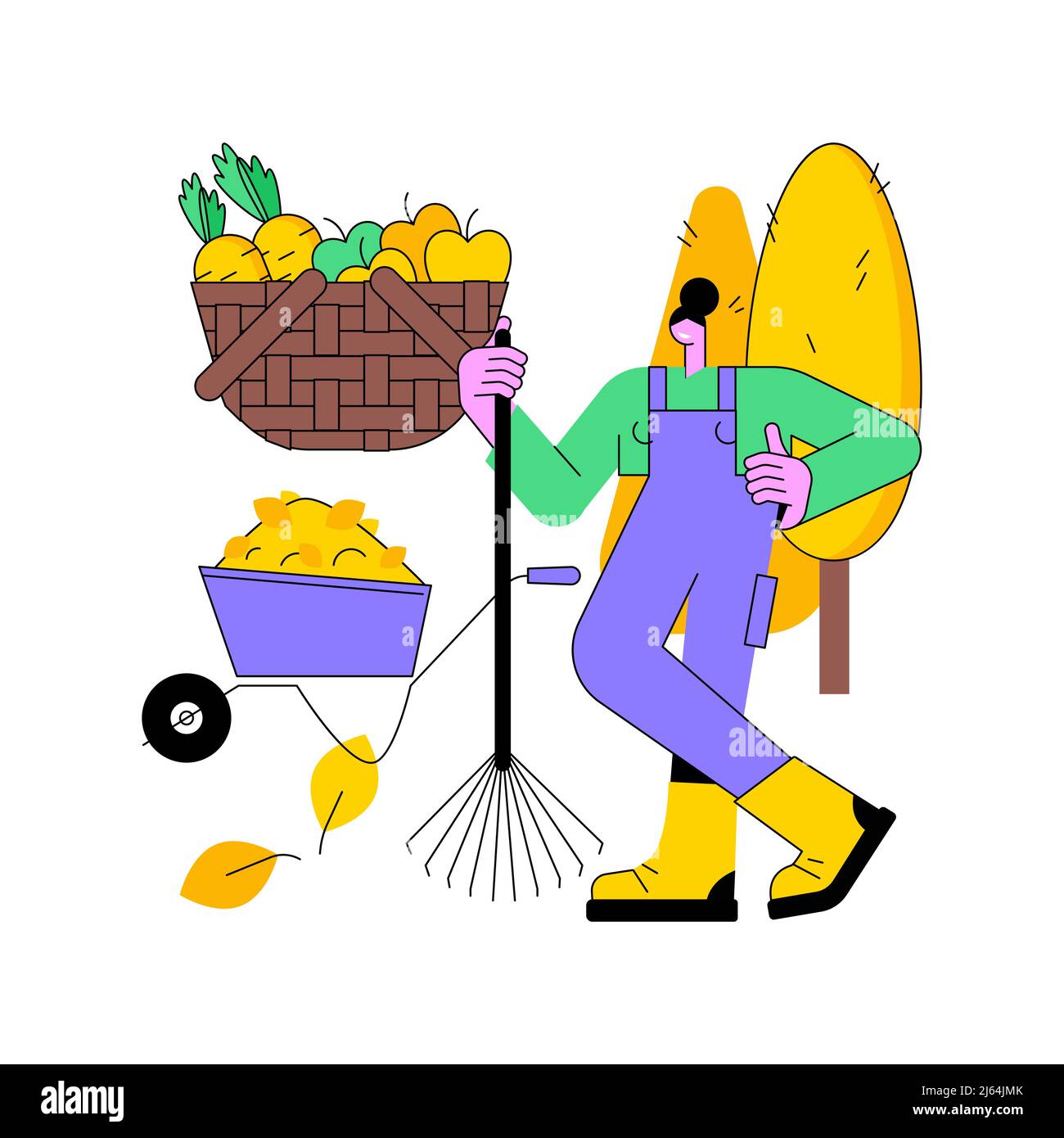 Illustrazione vettoriale del concetto astratto di Fall Clean-up. Manutenzione giardino, pacciamatura e rimozione foglie, cura prato, letto vegetale, pianta di copertura, grondaia pulita, autunno cantiere lavoro astratto metafora. Illustrazione Vettoriale