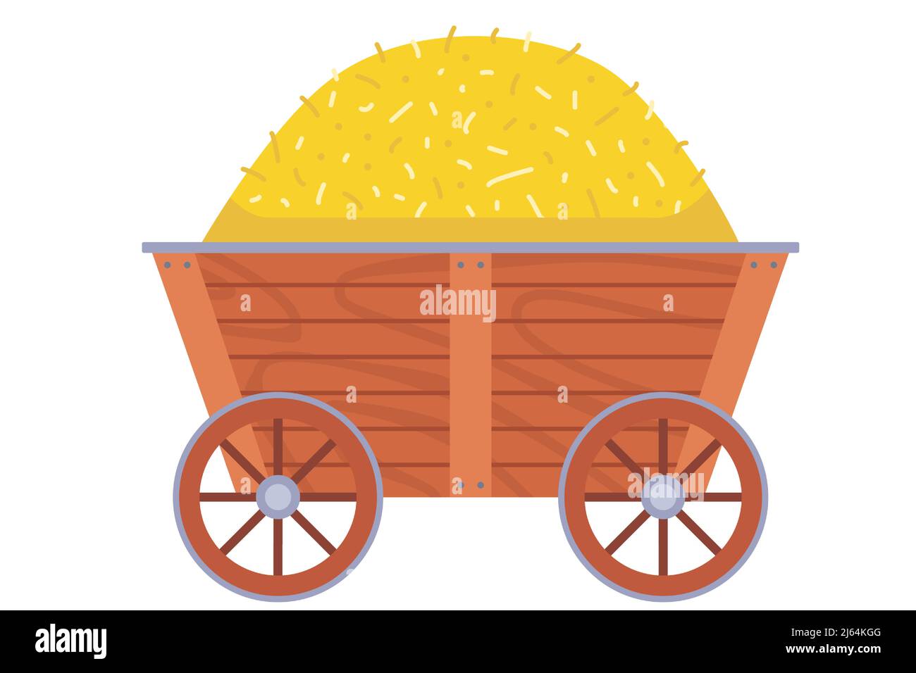 carrello di legno con un haystack. attrezzatura agricola rustica. illustrazione vettoriale piatta. Illustrazione Vettoriale