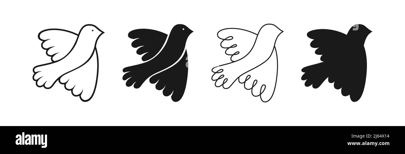 Simbolo di pace impronta a colomba timbro, dondolo contorno set. Segno volante del piccione dell'uccello, icona pura della colomba. Libertà, cristiano, umanità emblema pacifico e nessun concetto di guerra. Elementi di design grafico con logo isolato Illustrazione Vettoriale