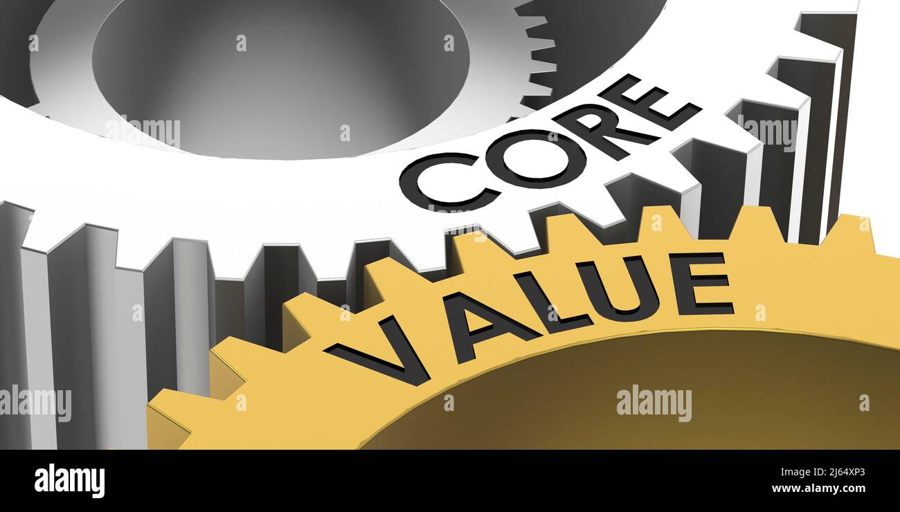 Ingranaggio in oro e argento con valore di base Word, rendering 3D Foto Stock