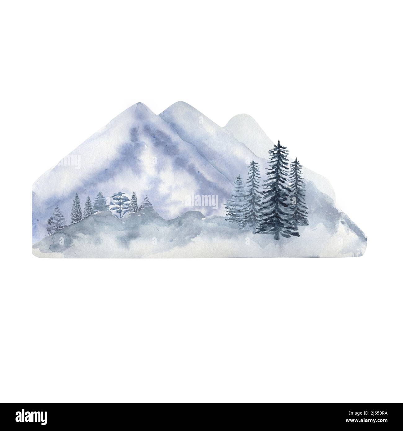 Inverno foresta e montagne, acquerello clipart su uno sfondo bianco. Illustrazione dell'acquerello Foto Stock