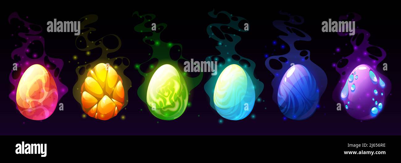 Uova di cartoni animati di dinosauri e rettili, attività di gioco. Magiche uova di drago con guscio testurizzato colorato, pimples, scale incandescenti e energia di potenza luci e pattern. Set di vettori di oggetti grafici ui isolati Illustrazione Vettoriale