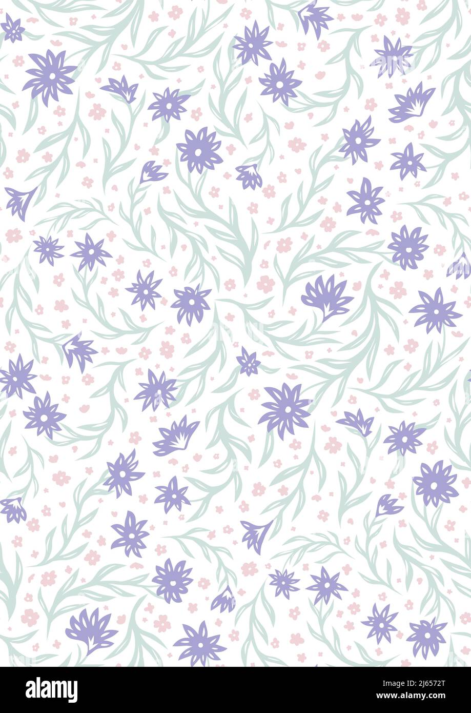 Motivo vettoriale senza cuciture con delicati piccoli fiori viola e rosa su steli su sfondo bianco. Texture naturale con Ditsy per tessuti. Sfondo Illustrazione Vettoriale