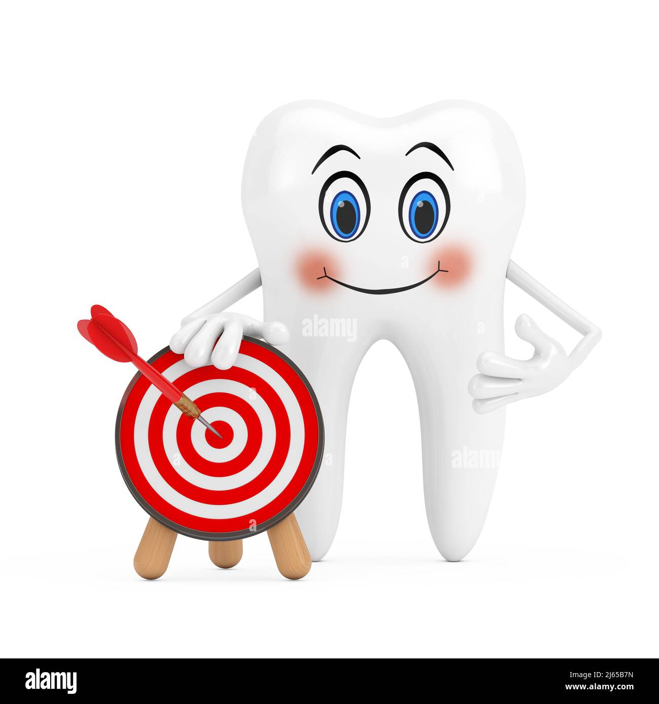 Mascotte personaggio dentato bianco con tiro con l'arco Target e Dart al centro su sfondo bianco. 3D rendering Foto Stock