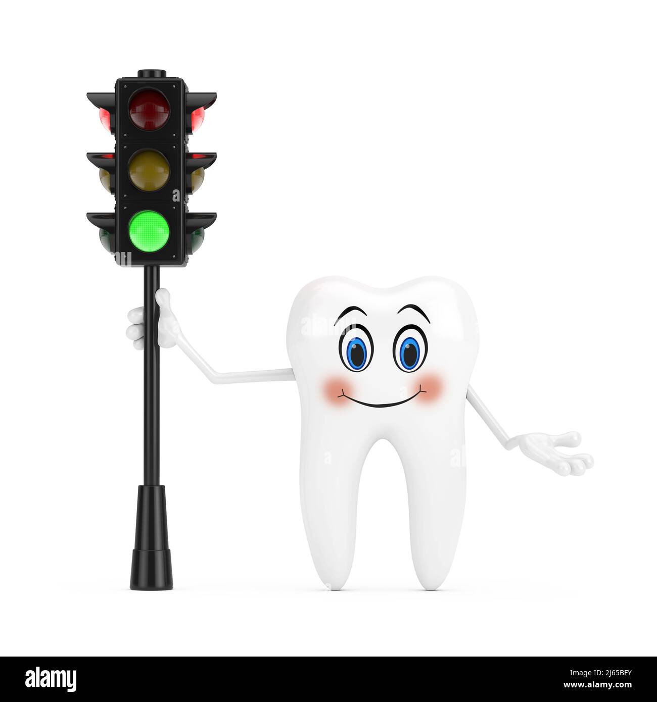 Mascotte personaggio dentato bianco con semaforo verde su sfondo bianco. 3D rendering Foto Stock