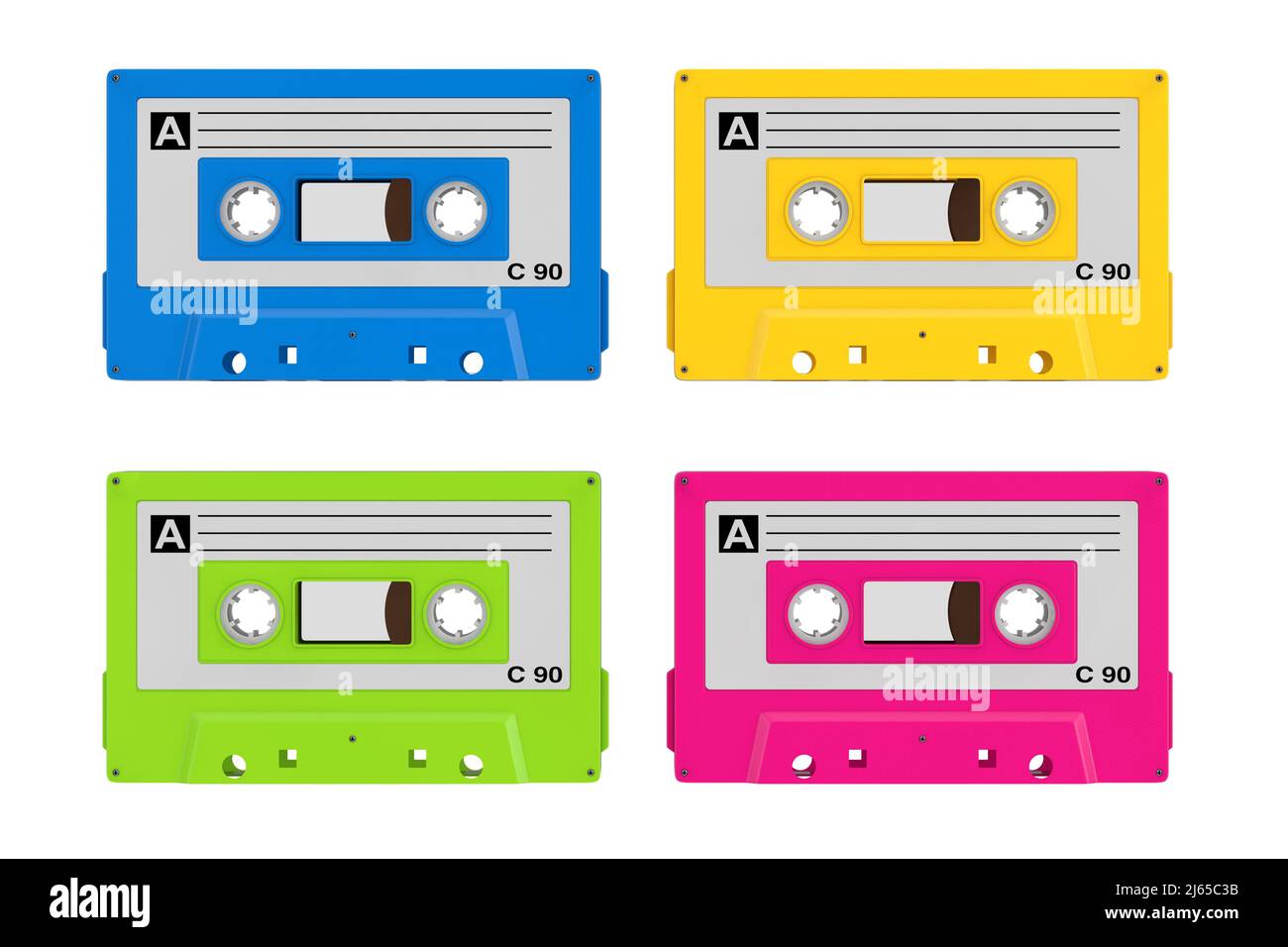 Set di nastri a cassetta Old Vintage Audio multicolore su sfondo bianco. 3D rendering Foto Stock