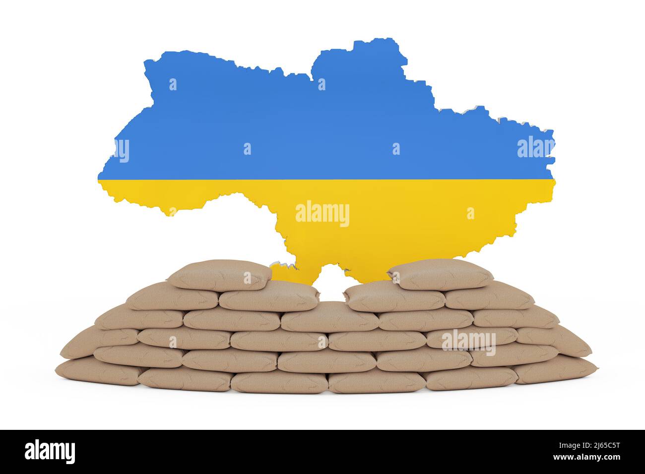 Stacked Sandbag Barricade Shield di fronte all'Ucraina Mappa con bandiera su sfondo bianco. 3D rendering Foto Stock