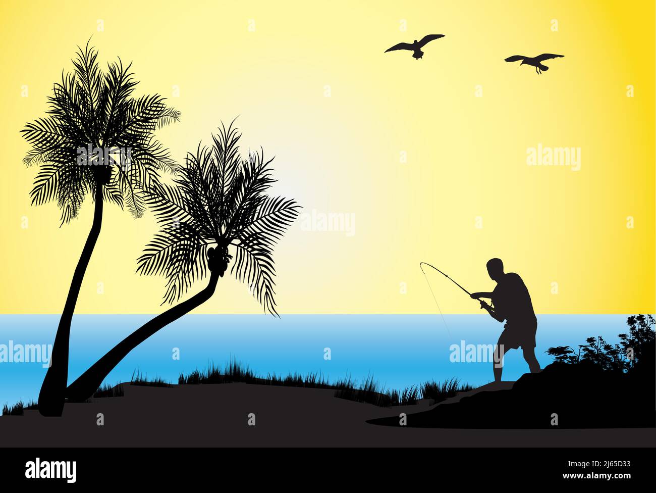 scena tropicale di noci di cocco e l'uomo pesca come una silhouette Illustrazione Vettoriale