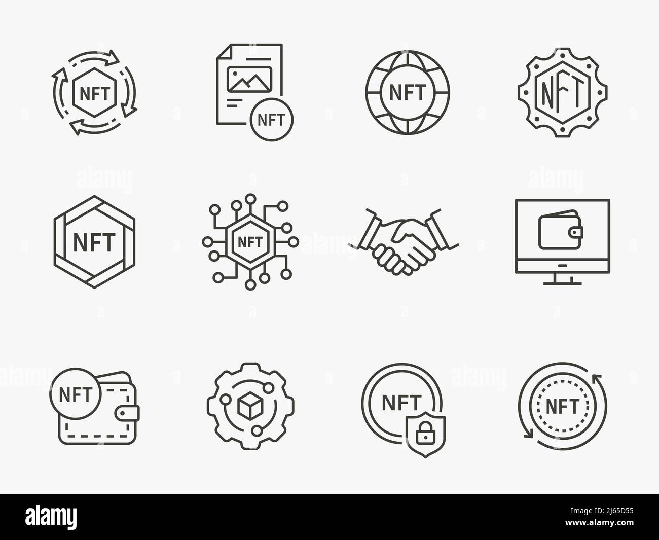 Set di icone vettoriali NFT. Raccolta di blockchain, cripto, valuta, moneta e altro ancora. Illustrazione Vettoriale