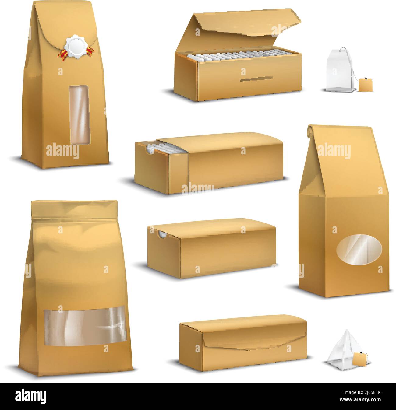Sacchetti marroni di carta kraft sacco e confezioni di foglie sciolte scatole pacchetti immagine vettoriale isolata realistica insieme Illustrazione Vettoriale
