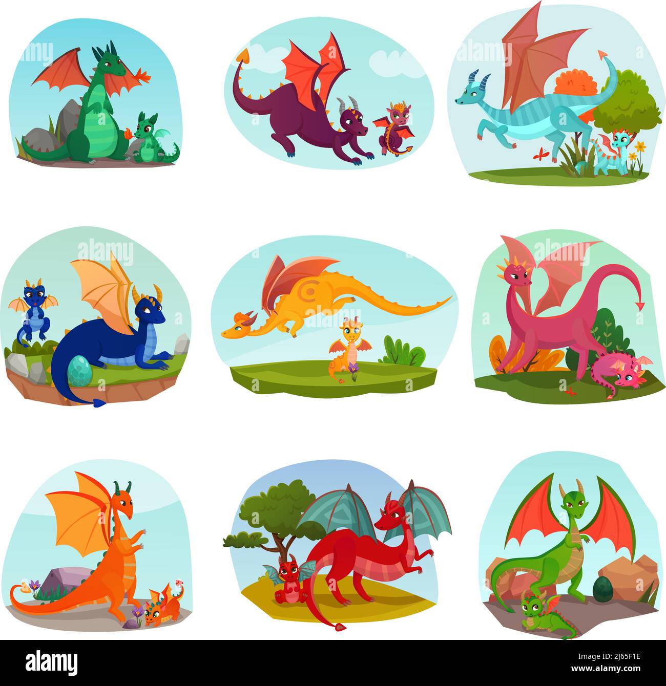 Dragons fairy set di composizioni isolate con draghi genitori e bambini con ali e corna illustrazione vettoriale Illustrazione Vettoriale