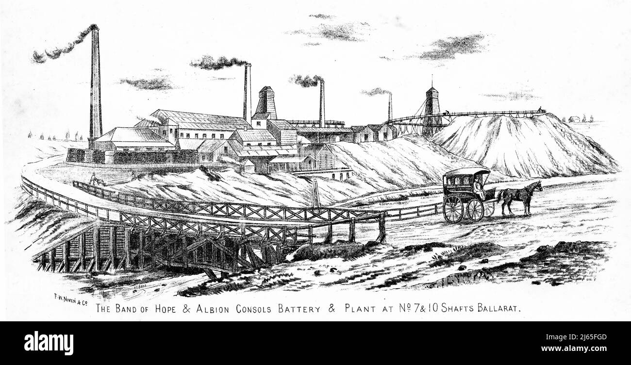 Incisione della banda della miniera d'oro di Hope e della batteria e pianta di albion Consols a Ballarat, Victoria, Australia, 1854 Foto Stock