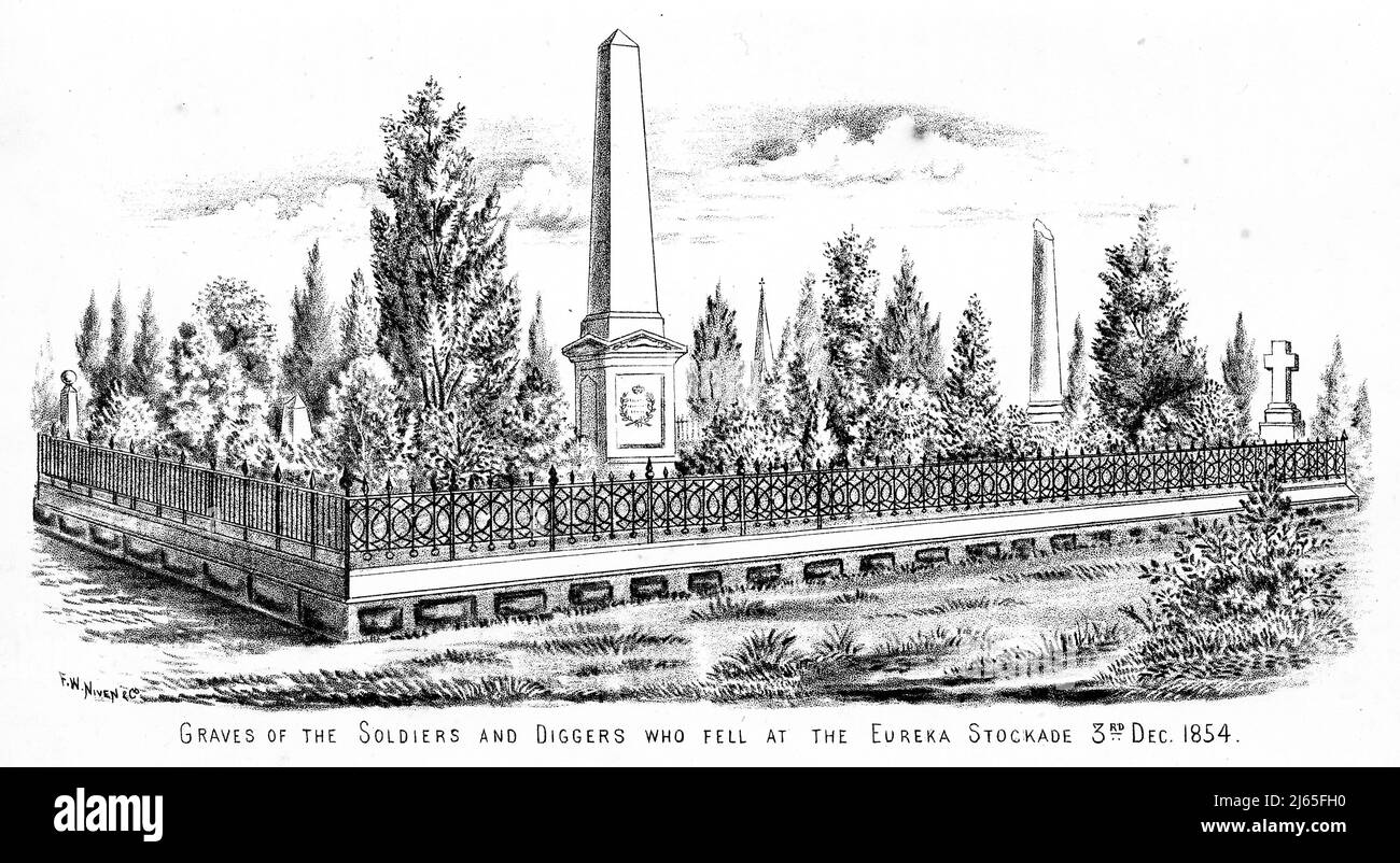 Incisione di tombe di uomini caduti all'Eureka Stockade vicino Ballarat, Victoria, Australia, 1854 Foto Stock