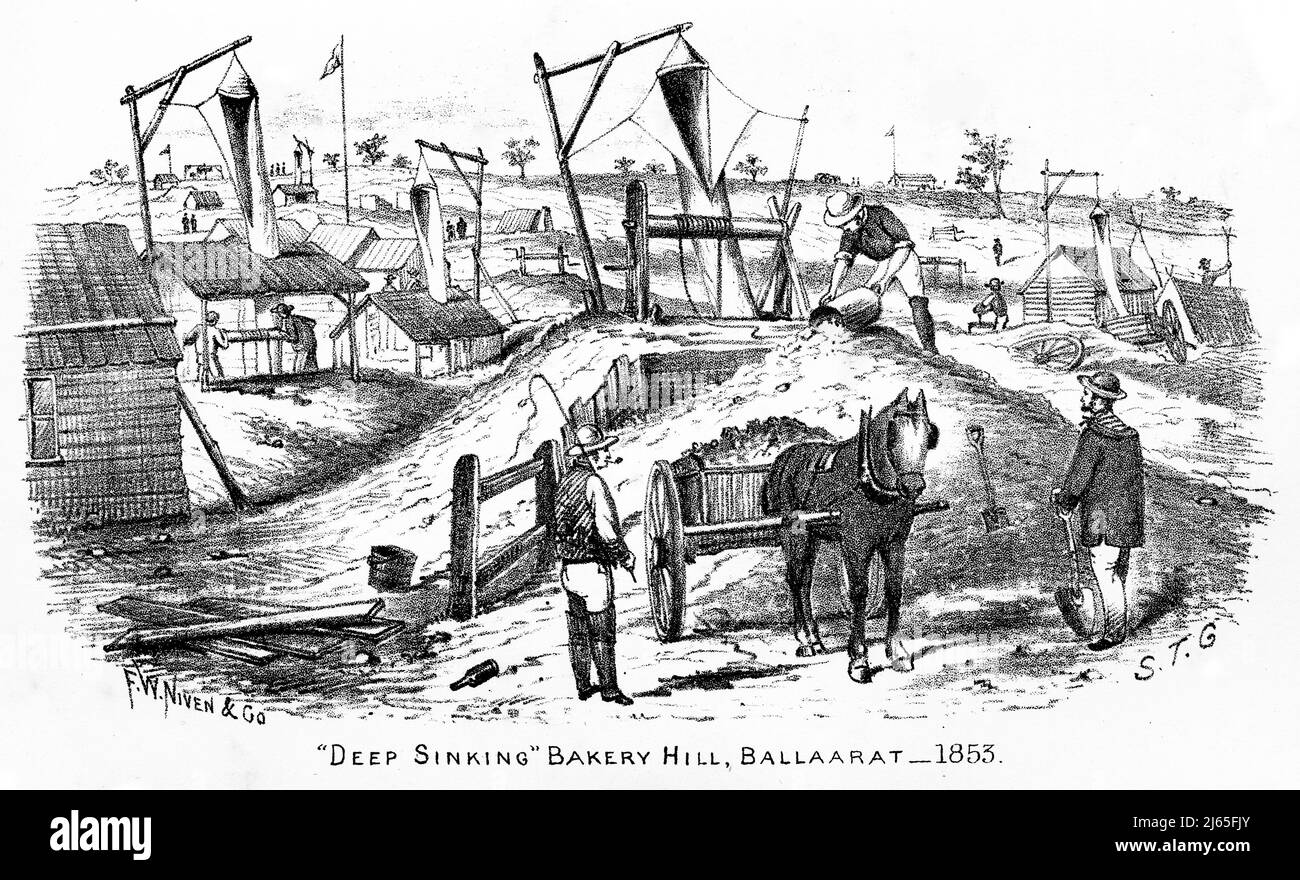 Incisione di minatori d'oro che affondano un buco profondo nel loro reclamo a Ballarat, Victoria, Australia, 1854 Foto Stock