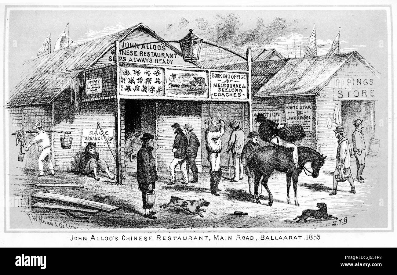 Incisione del ristorante cinese John Alloo nella strada principale di Ballarat, Victoria, Australia, 1855 Foto Stock