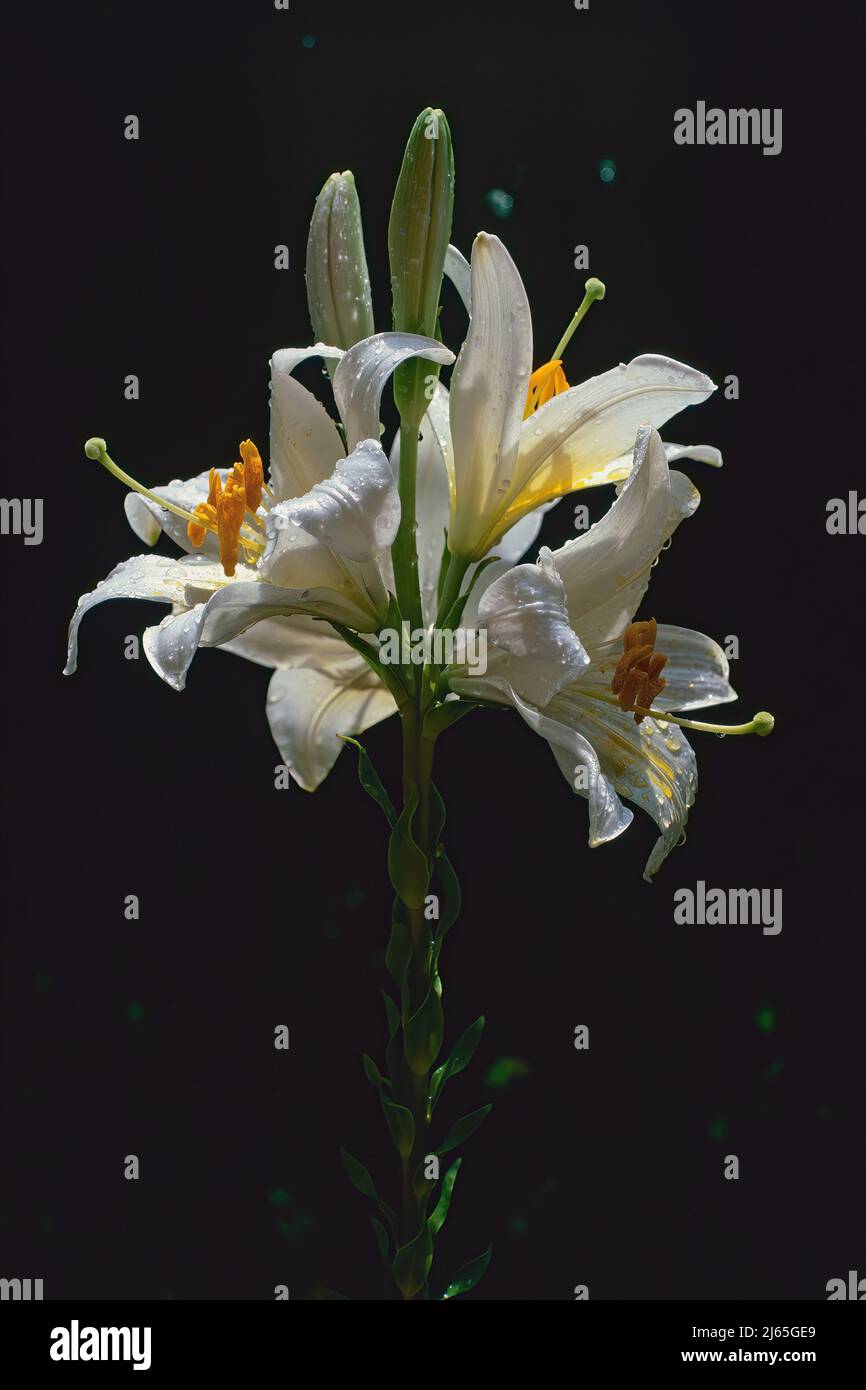 Giglio Madonna in piena fioritura coperto da gocce d'acqua, retroilluminazione con sfondo scuro, Lilium candidum, Liliaceae Foto Stock