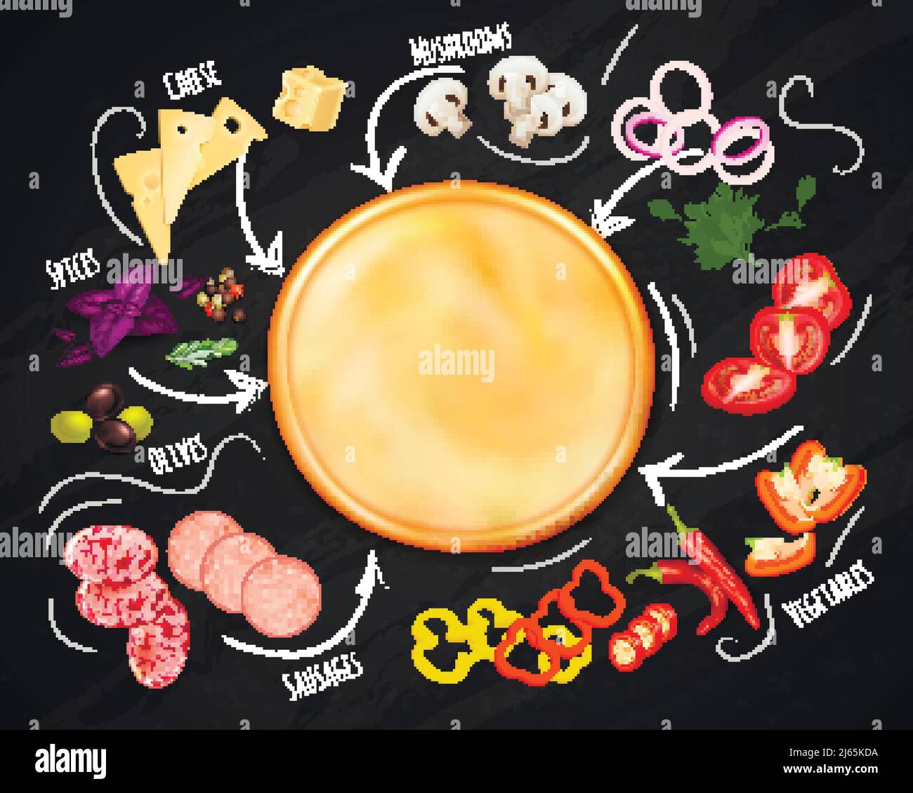 Composizione realistica del costruttore della pizza con impasto e ingredienti su nero immagine vettoriale sfondo chalk board Illustrazione Vettoriale