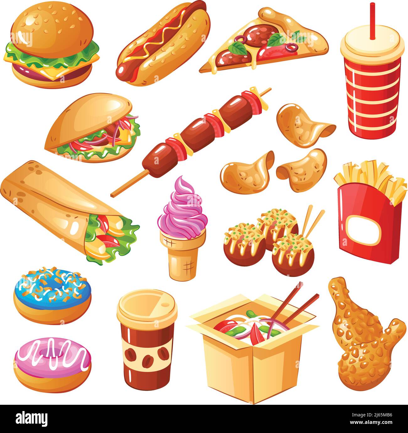 Set di icone fast food tra cui bevande, panini, noodle, dolci, patate fritte, illustrazione vettoriale isolata delle gambe di pollo Illustrazione Vettoriale