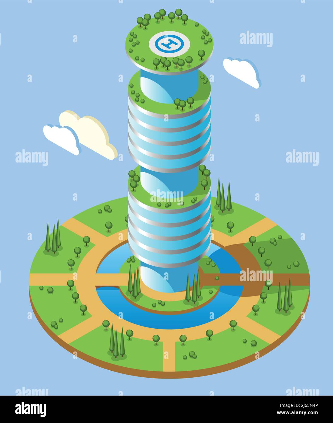 Grattacieli futuristici isometrici di forma rotonda con alto ufficio creazione e zone verdi intorno all'illustrazione vettoriale Illustrazione Vettoriale