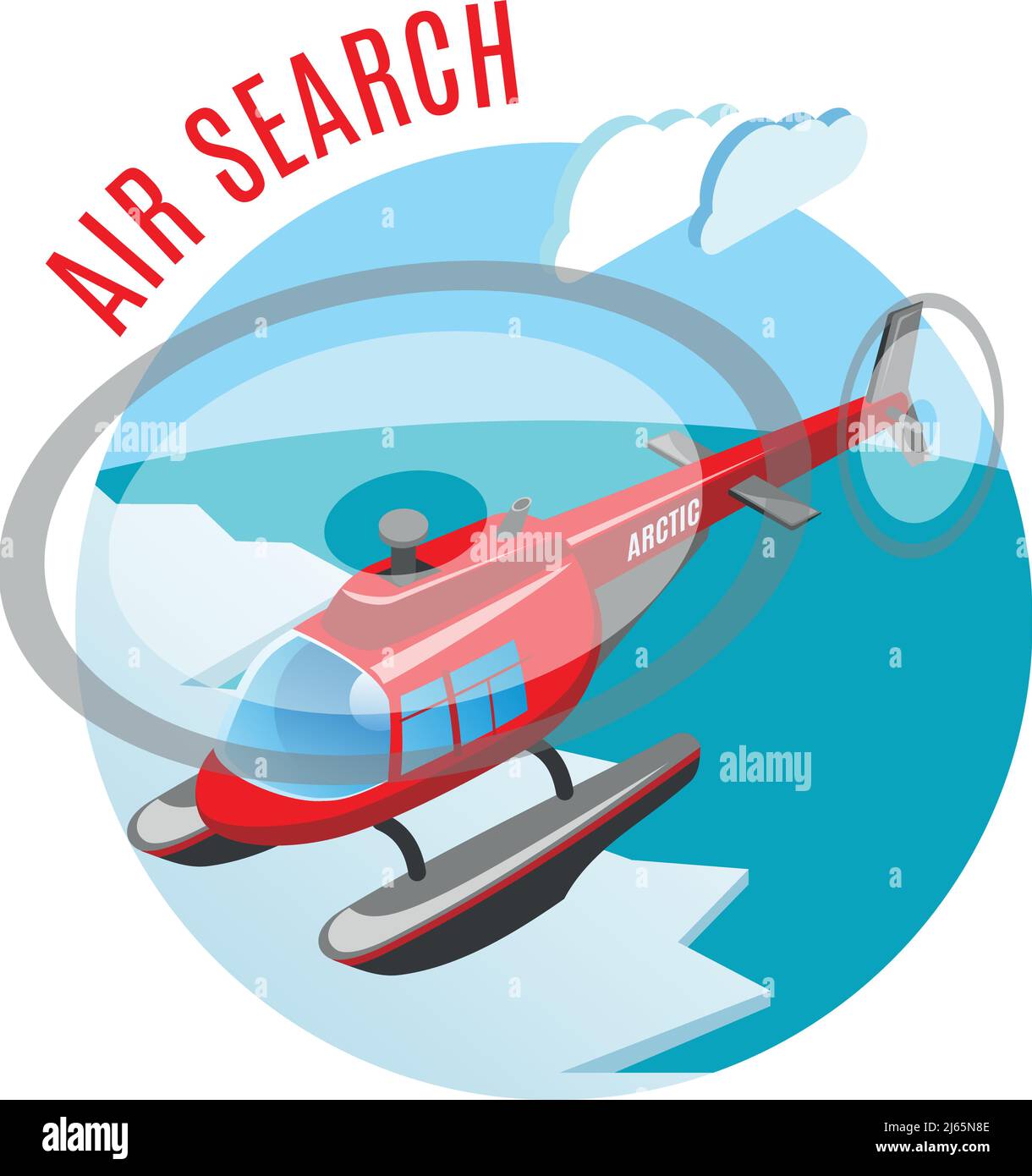 Ricerca dalla composizione isometrica rotonda in aria con elicottero sopra polare illustrazione vettoriale dell'oceano artico e del ghiaccio Illustrazione Vettoriale