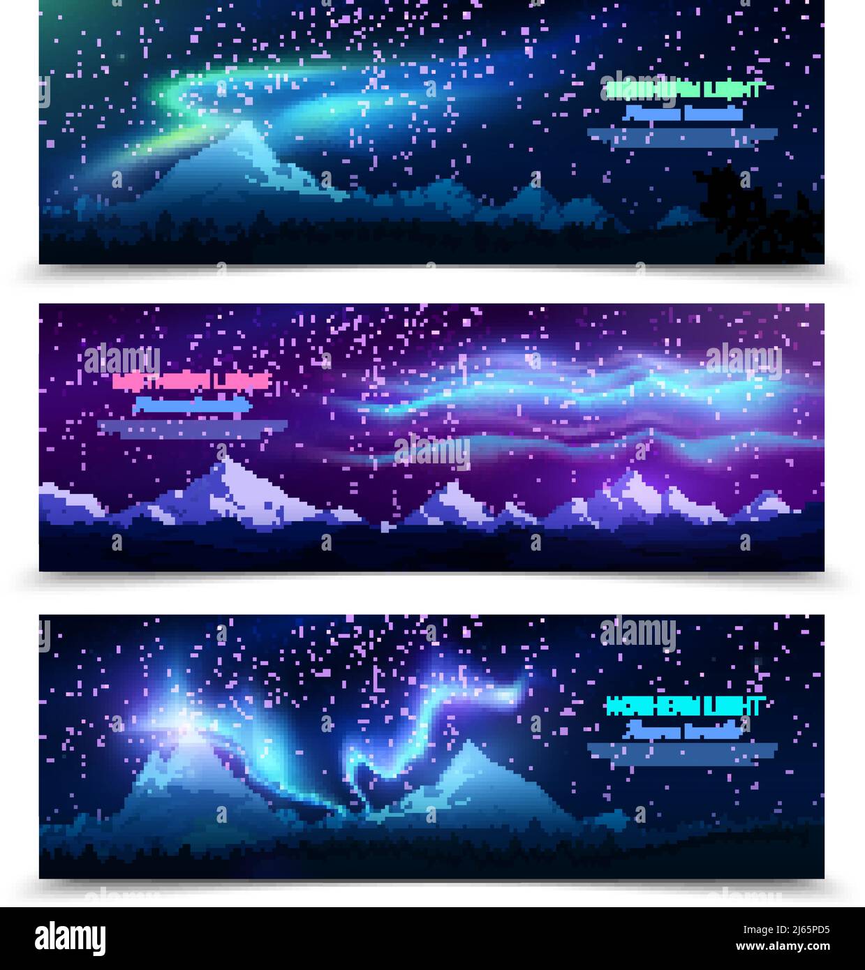 Aurora boreale cielo notturno e paesaggio 3 colorato gli striscioni orizzontali realistici impostano l'illustrazione vettoriale isolata Illustrazione Vettoriale