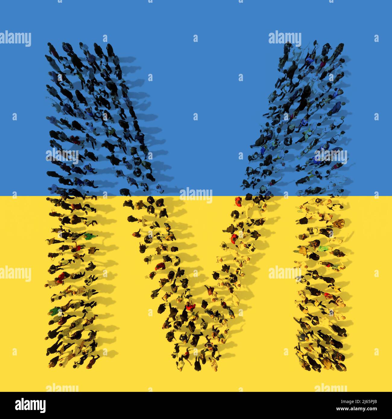 Concetto o comunità concettuale di persone che formano il simbolo M sulla bandiera Ucraina. 3d metafora di illustrazione per l'educazione, la scuola, la speranza, la pace, fredo Foto Stock