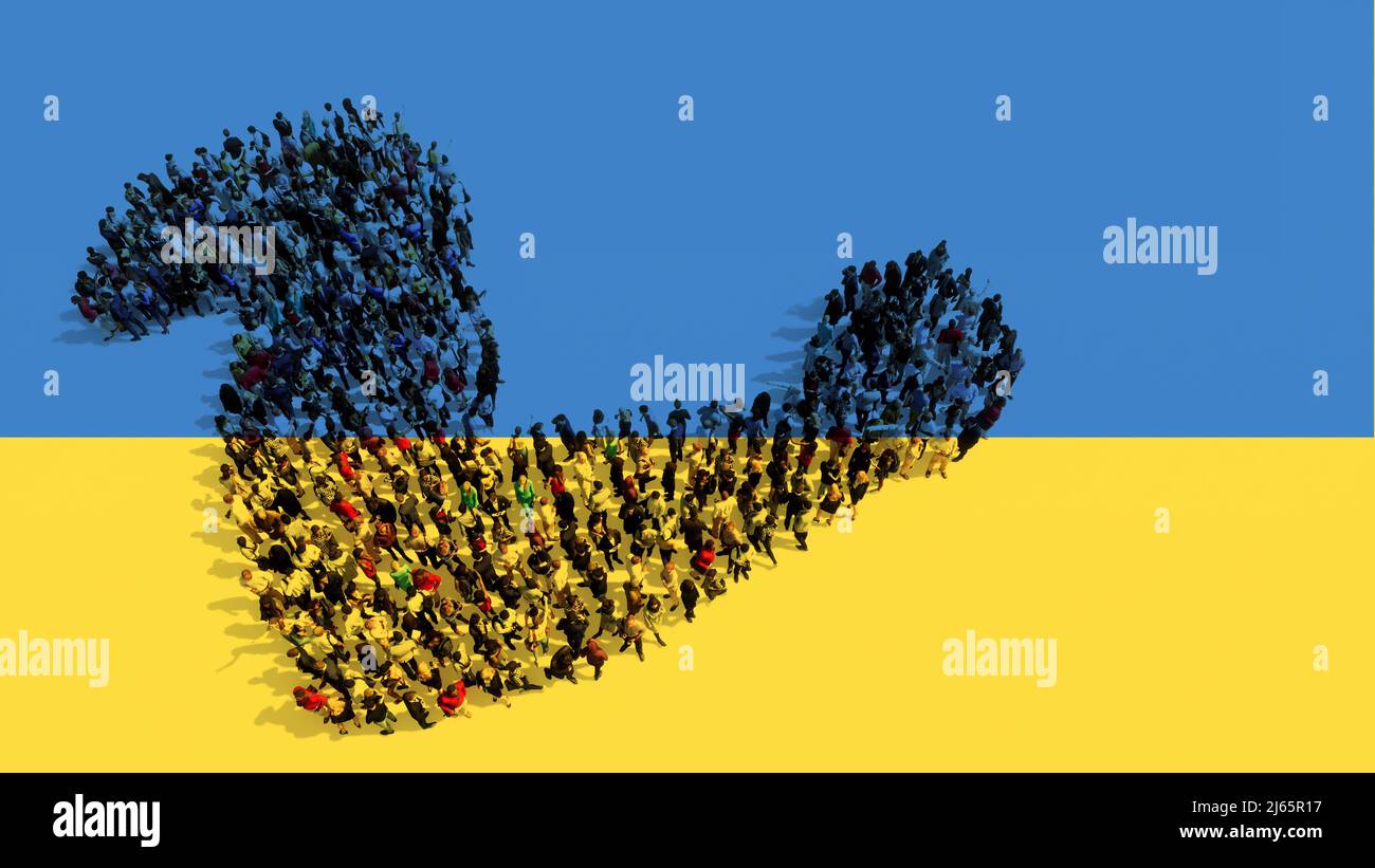 Concetto o comunità concettuale di persone che formano l'immagine di un braccio forte sulla bandiera Ucraina. Una metafora di illustrazione 3D per resistenza, potenza Foto Stock