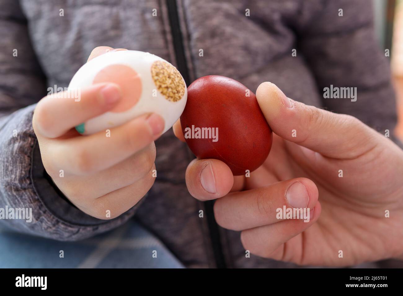 Mani che bussano Pasqua uova colorate. Tradizionale gioco di lotta alle uova che celebra le feste religiose di primavera. Primo piano, messa a fuoco selettiva Foto Stock