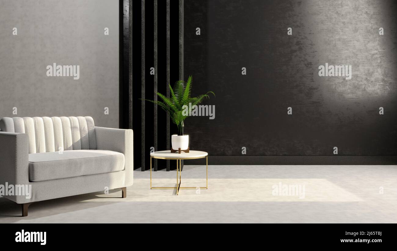 Soggiorno con parete grigio scuro minimalista 3D Render Foto Stock