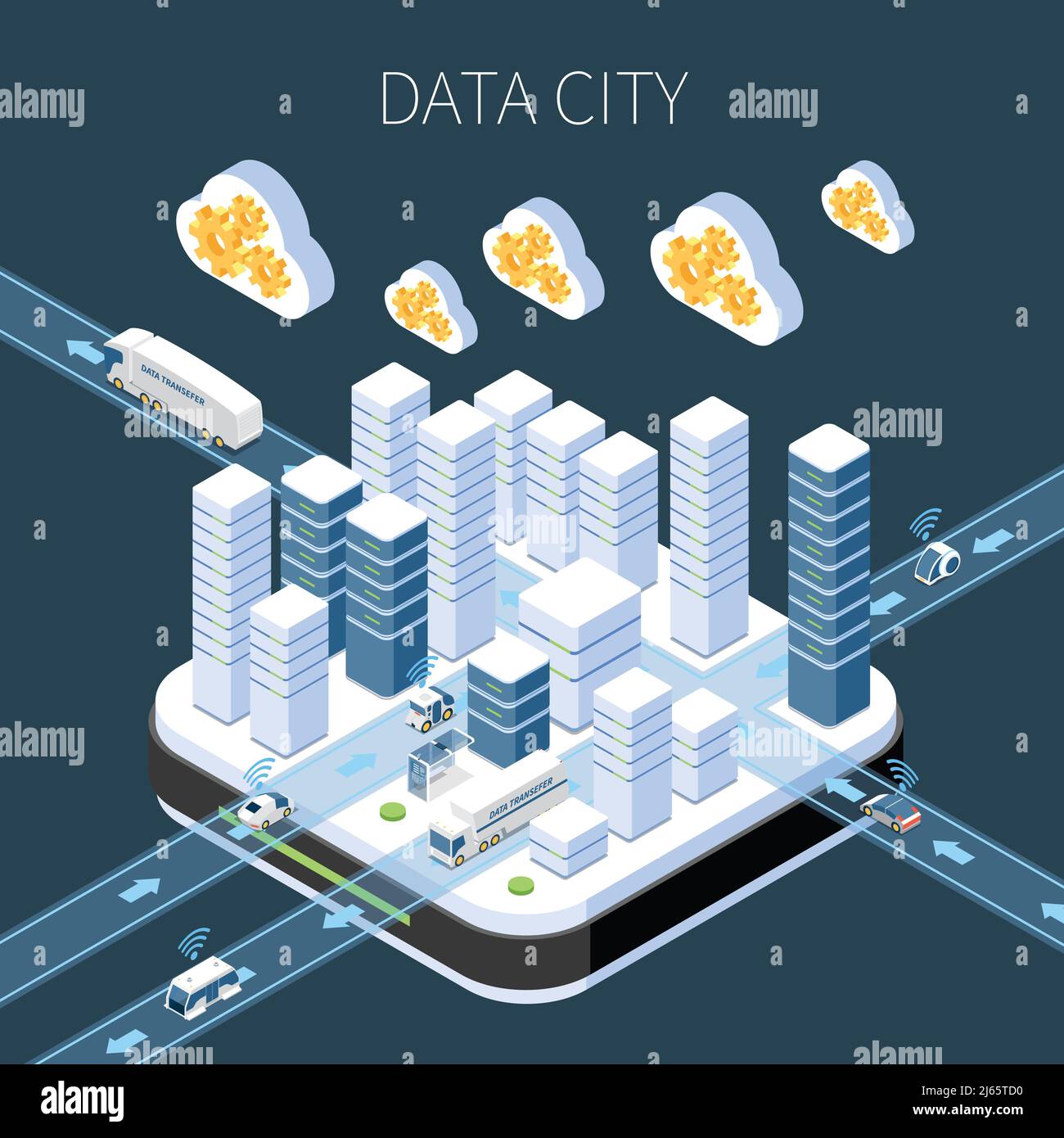 Composizione isometrica della città dei dati con l'infrastruttura server dei servizi cloud e. trasferimento di informazioni su sfondo scuro illustrazione vettoriale Illustrazione Vettoriale