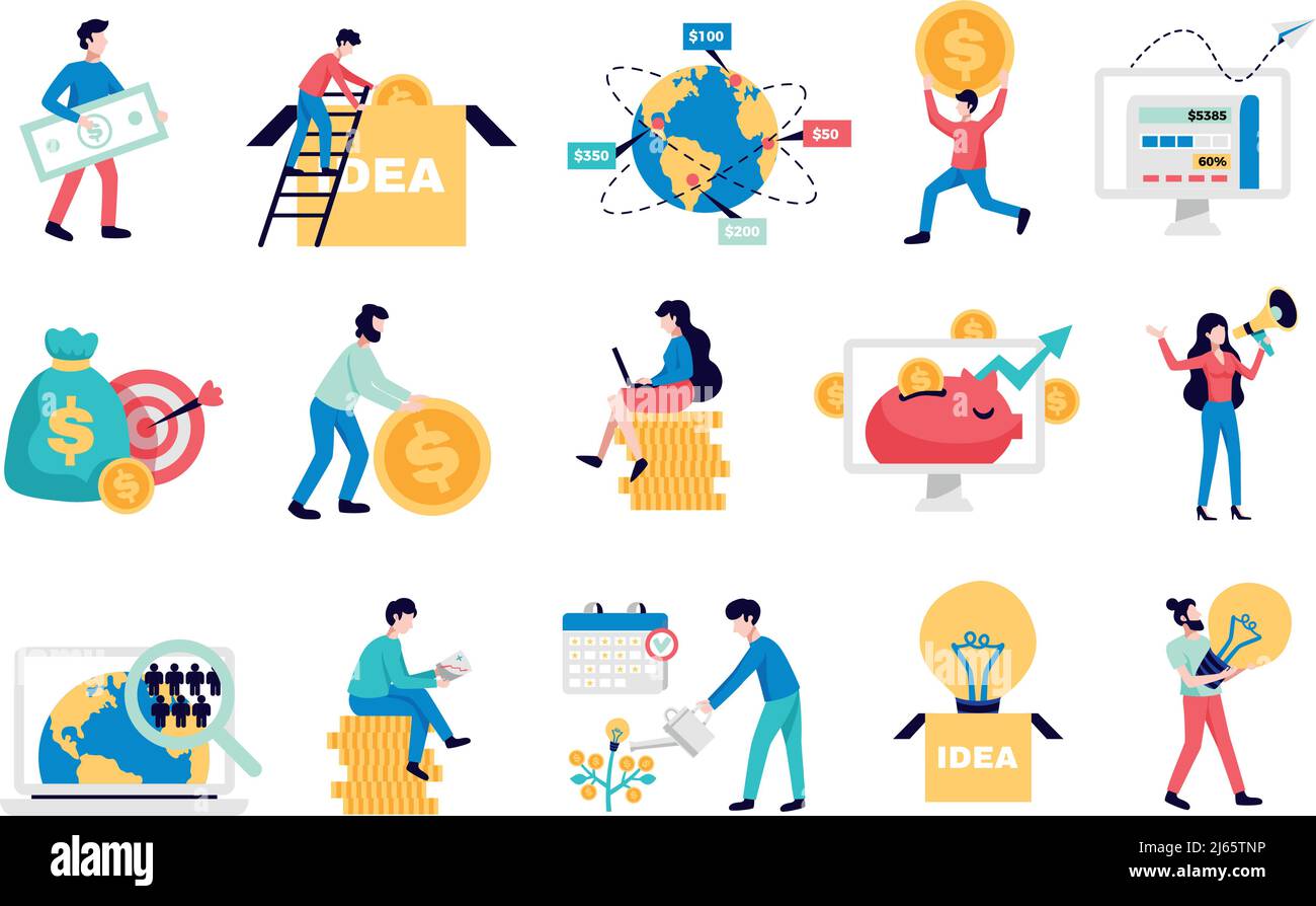 Crowdfunding internazionale soldi che alzano le piattaforme del Internet per il commercio startup nonprofit simboli di beneficenza icone piatte raccolta illustrazione vettoriale Illustrazione Vettoriale