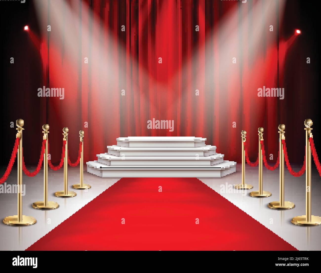 Red carpet celebrities evento composizione realistica con scala bianca podio faretti carminio satinato tenda sfondo illustrazione vettoriale Illustrazione Vettoriale