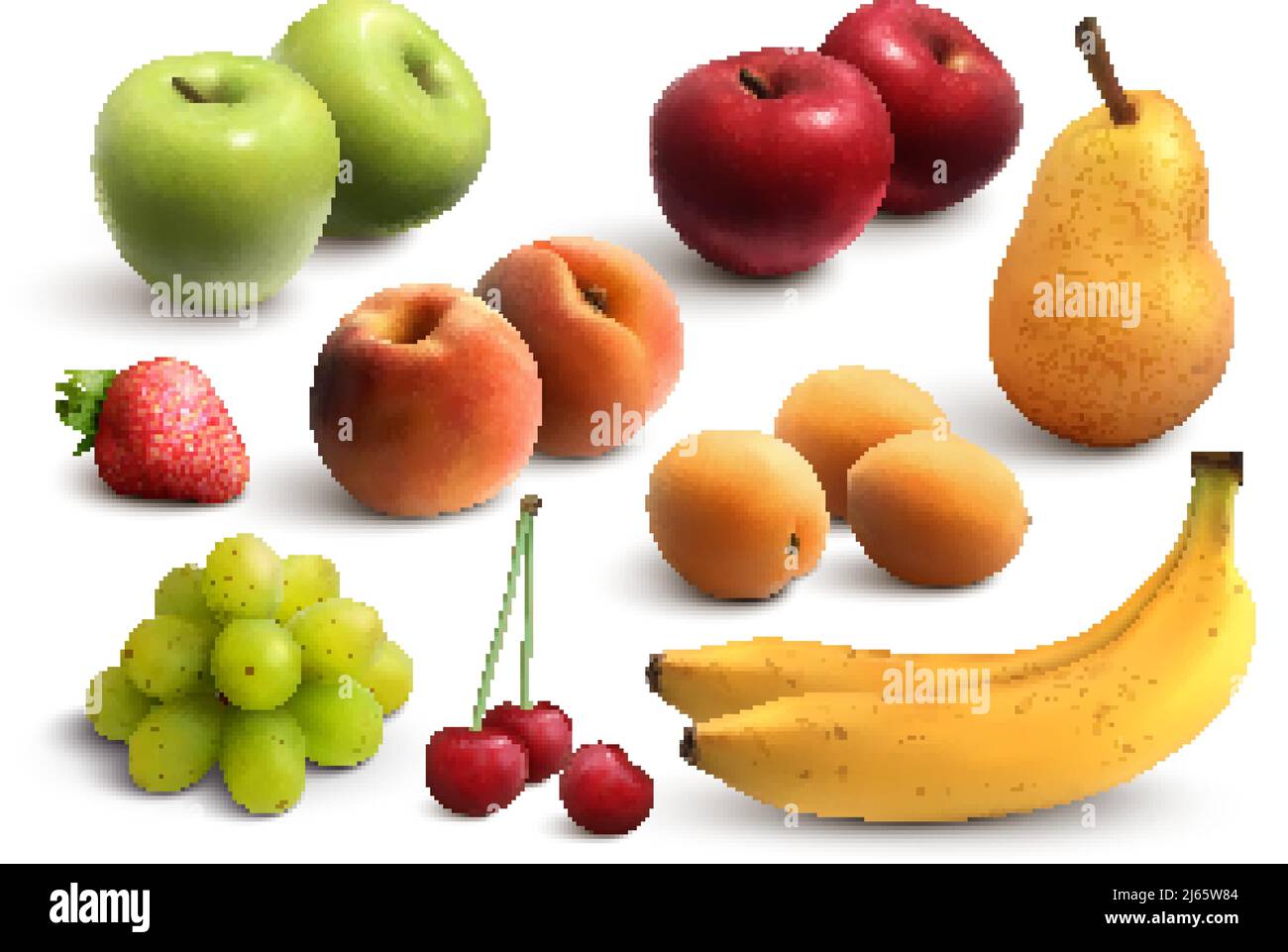 Frutta set realistico con mele verdi e rosse banane pere mazzetto di uva pesca albicocca isolato vettore illustrazione Illustrazione Vettoriale