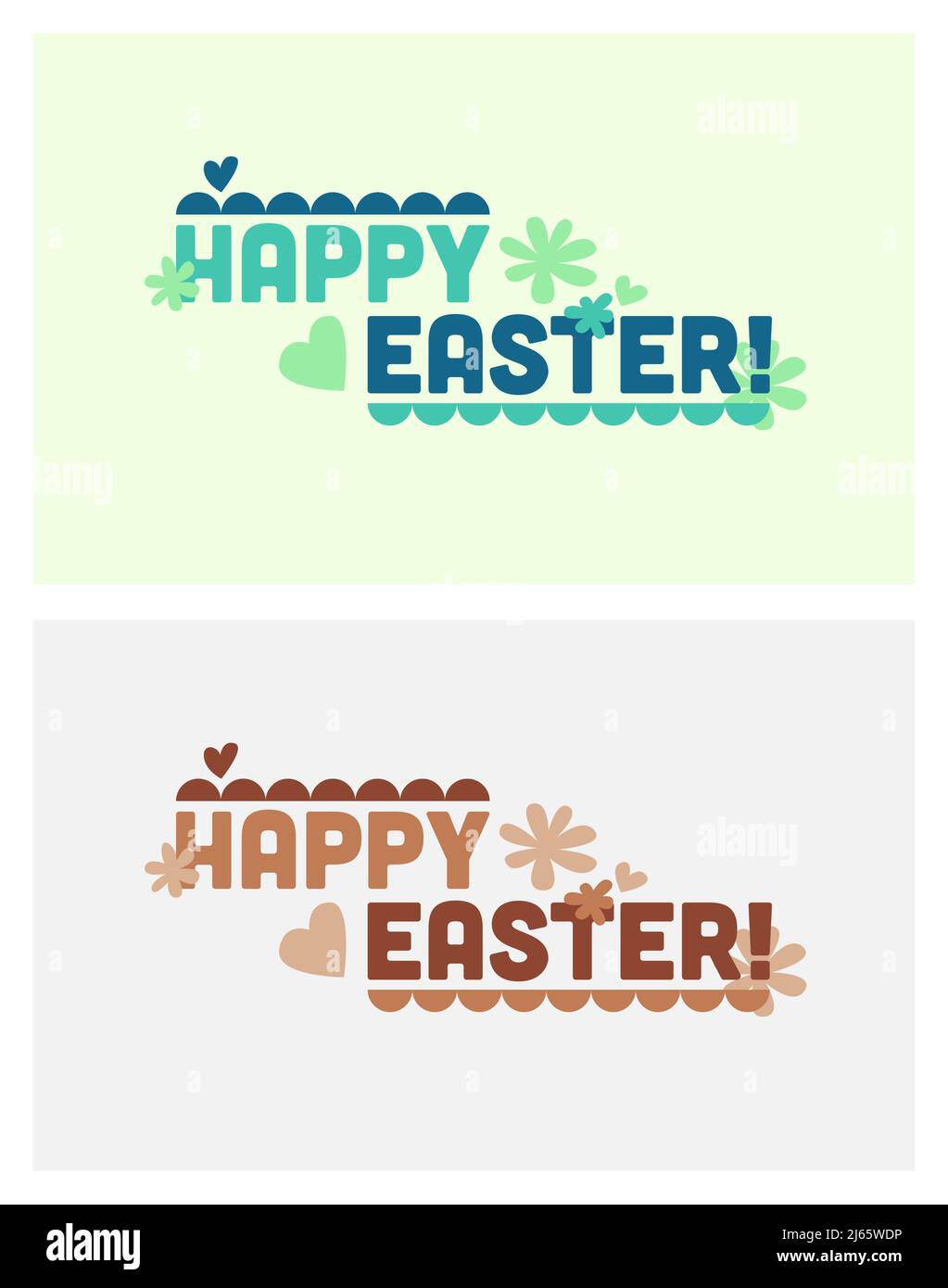 Set di poster a design piatto tipografico moderno con testo pasquale felice in tonalità verde e marrone. Disegni con elementi floreali e forme del cuore. Illustrazione Vettoriale