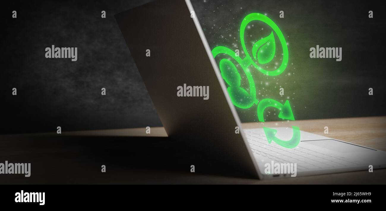 Tecnologia delle risorse rinnovabili per ridurre l'inquinamento ESG Icon Concept in mano per la governance ambientale, sociale e sostenibile delle imprese 3D rendere Foto Stock