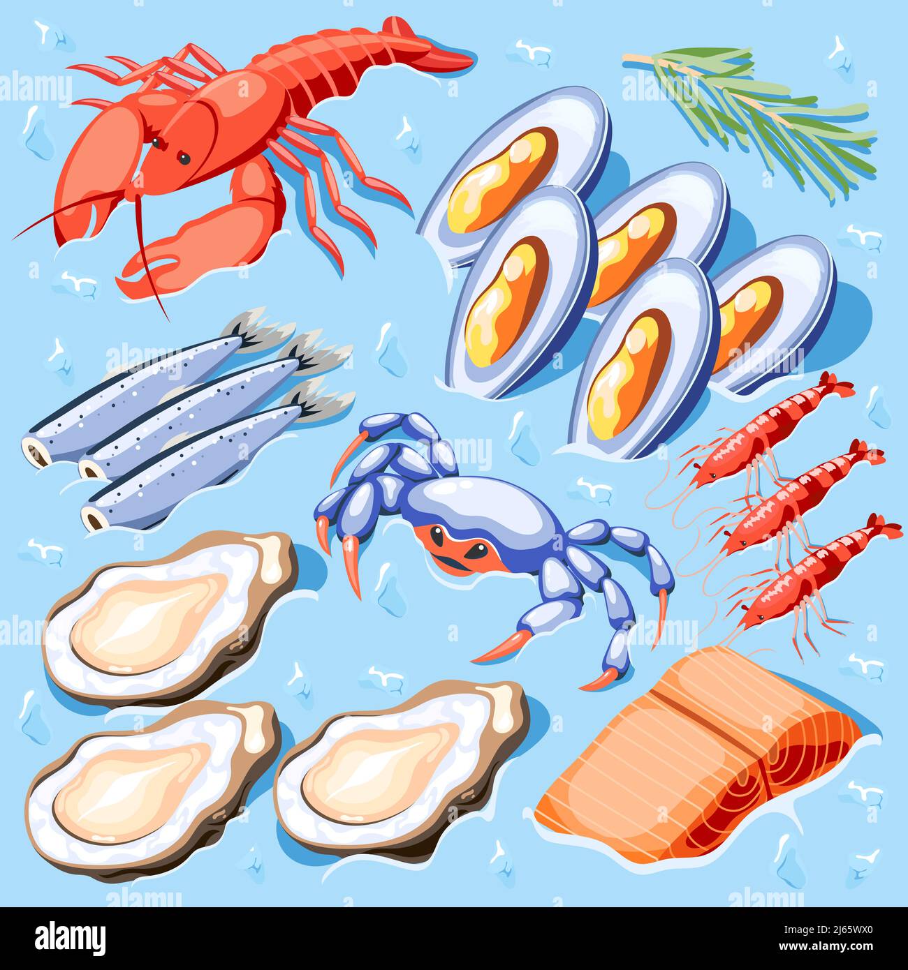 Poster isometrico fish superfood con cozze granchi di gamberi ostriche di gamberi icone di aragosta illustrazione vettoriale Illustrazione Vettoriale