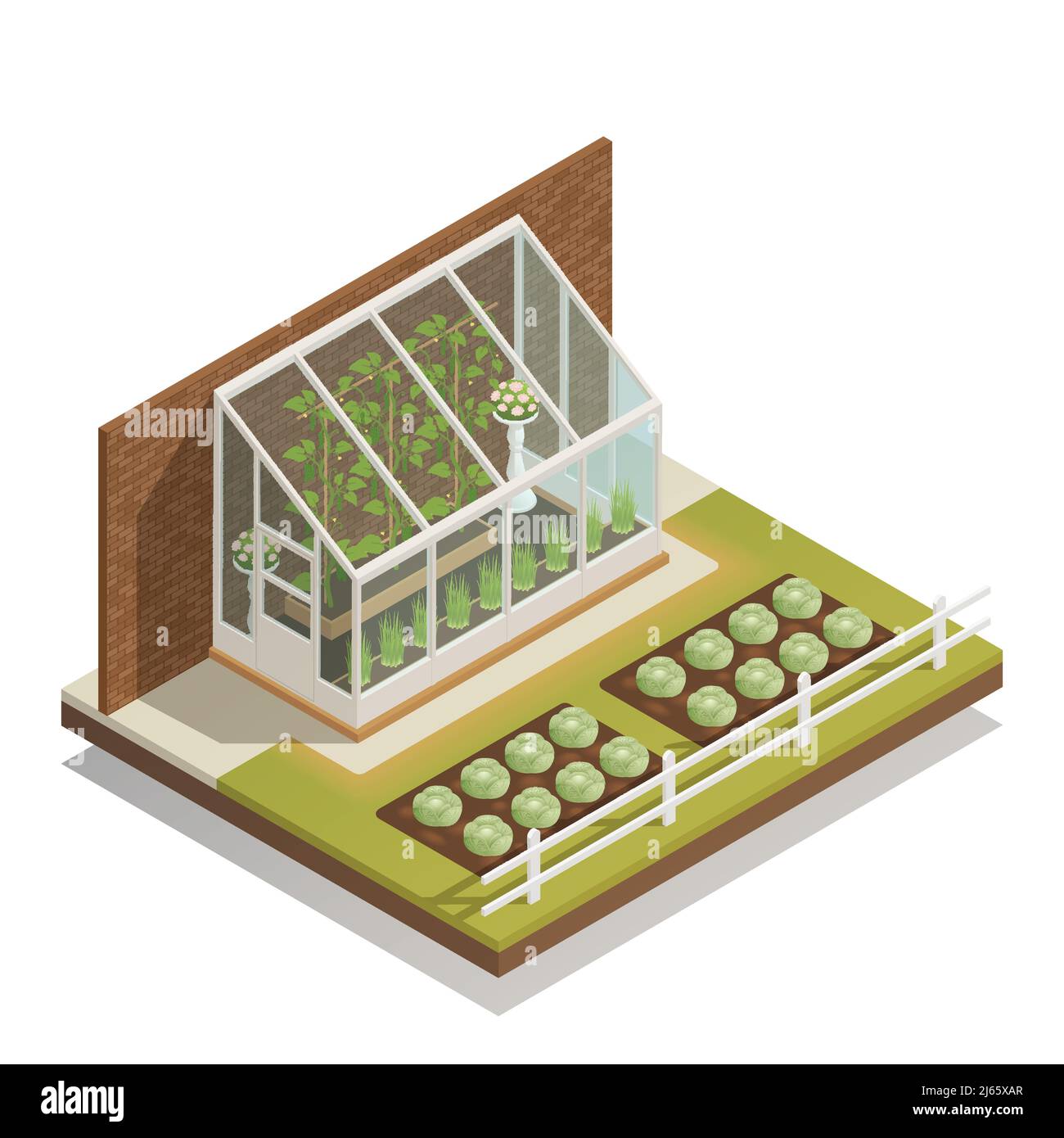 Serra tradizionale da magra a vetro con composizione isometrica delle piante giovani di verde e giardinaggio esterno illustrazione vettoriale Illustrazione Vettoriale